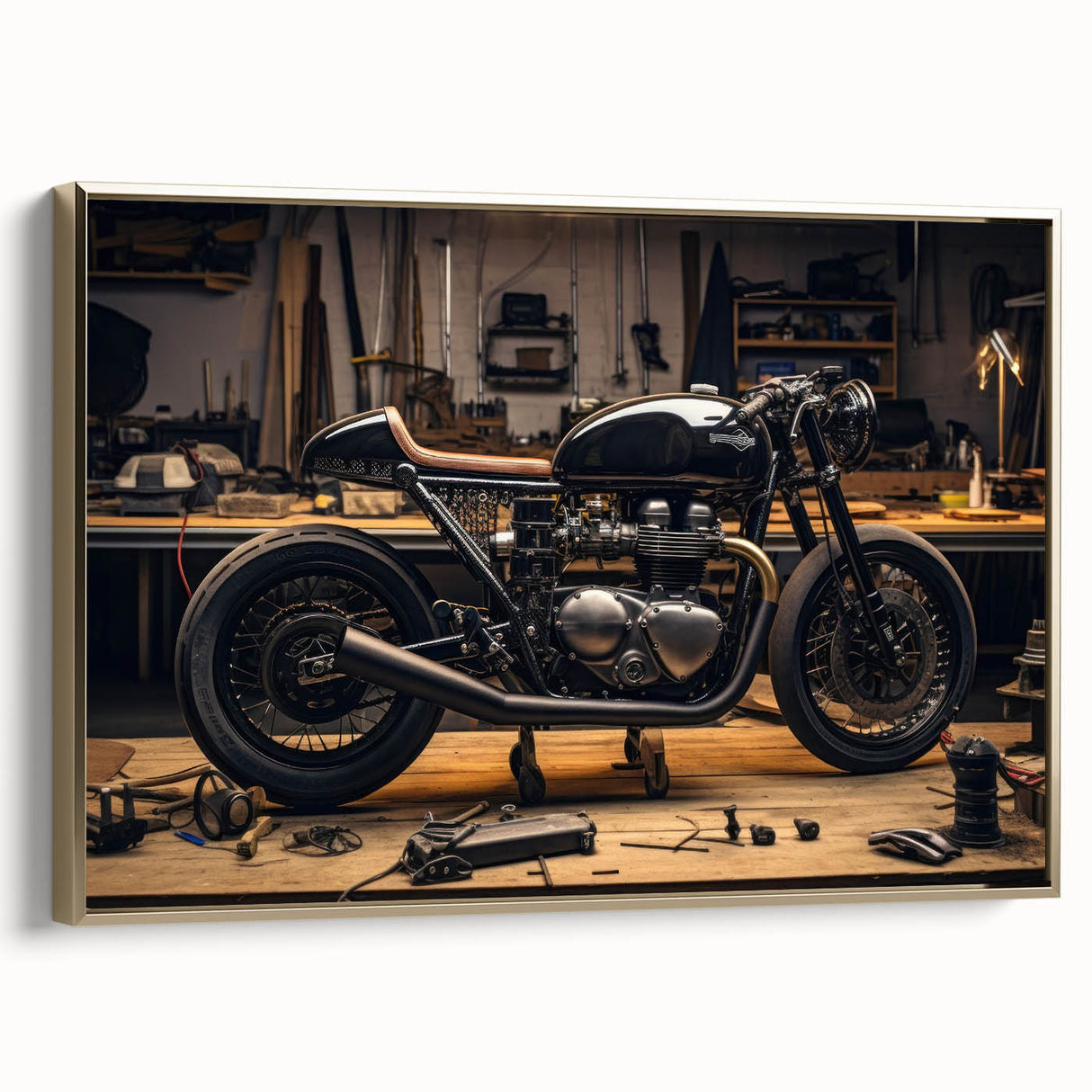 Side view of a vintage motorcycle in black and gold on a framed canvas, ideal for bedroom wall decor.