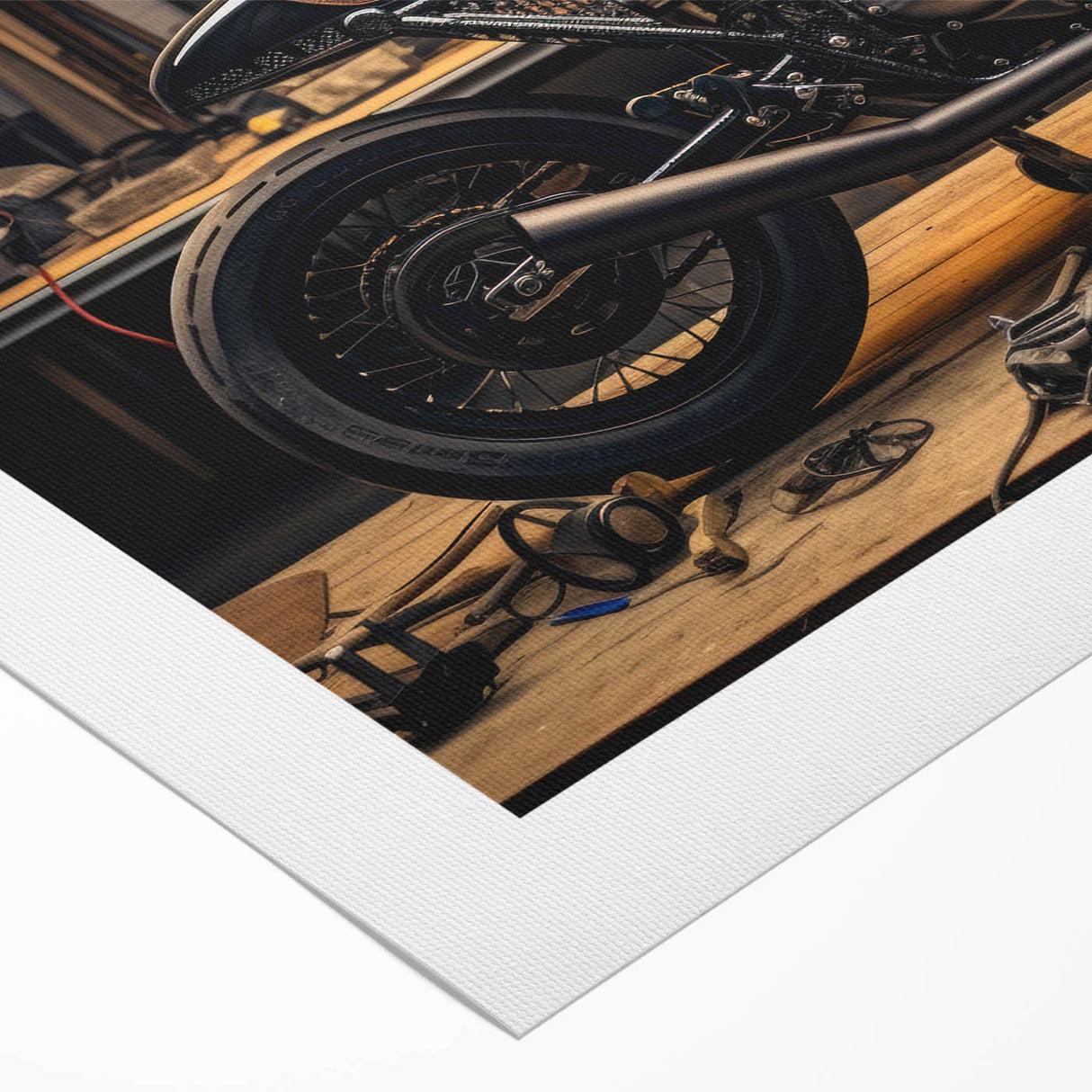 Art Deco style poster featuring a classic motorcycle in monochrome tones on rolled canvas.