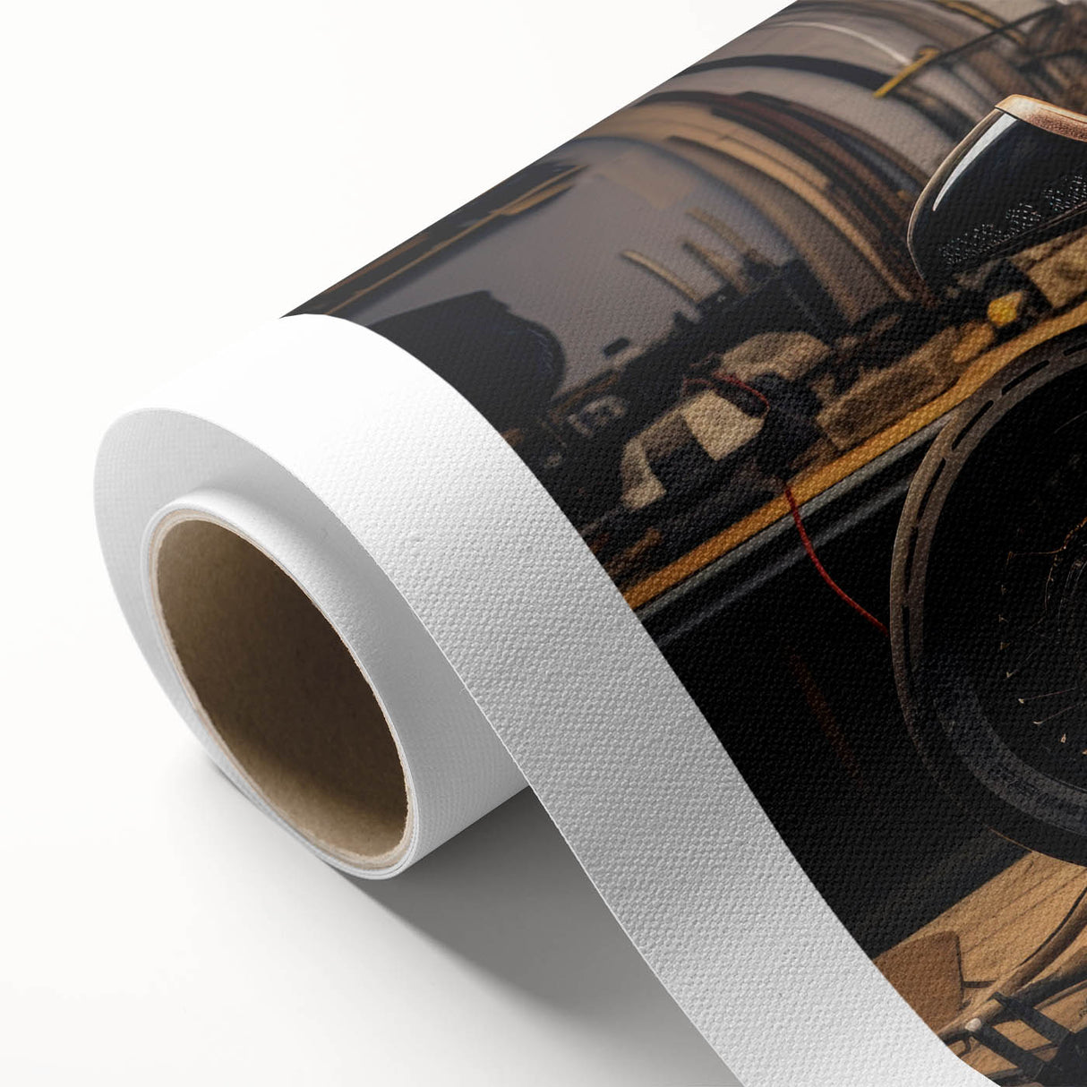 Art deco poster of a classic motorcycle, rendered in monochrome tones on rolled canvas.
