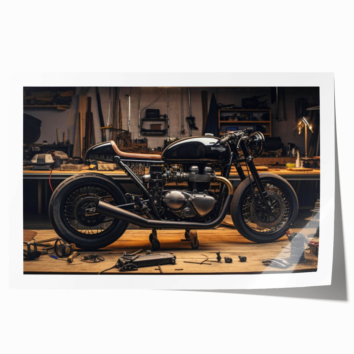 Extra large rolled print featuring a detailed illustration of a motorcycle, set against a muted gray background.