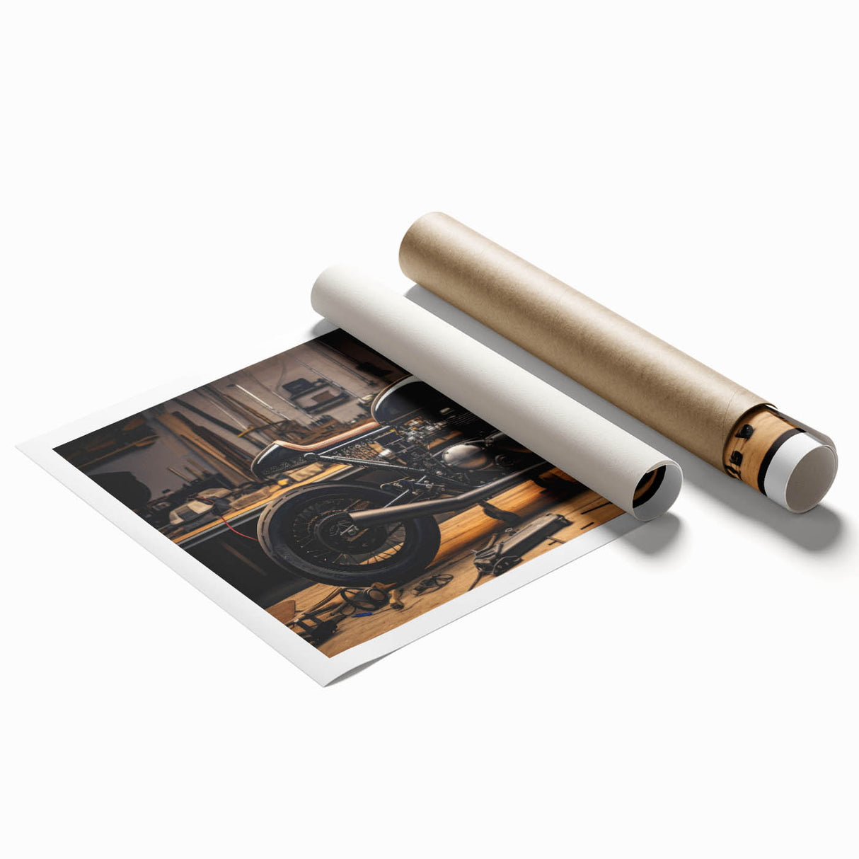 Extra large rolled print featuring a detailed motorcycle design in monochrome shades, ideal for classy bathroom wall art.