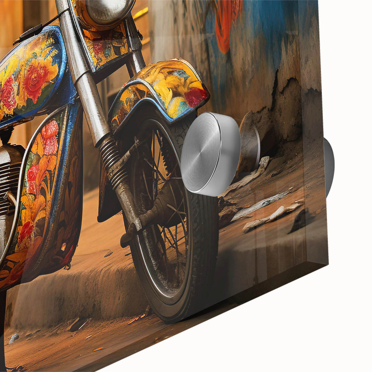 Large abstract motorcycle design in muted gray on acrylic glass, ideal for dining room art in a mid-century modernist style.