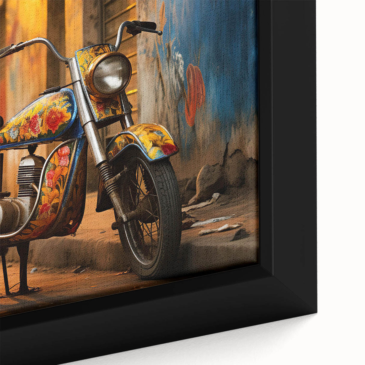 Black wall art featuring a detailed, colorful motorcycle on textured, extra large framed canvas, ideal for living room decor.