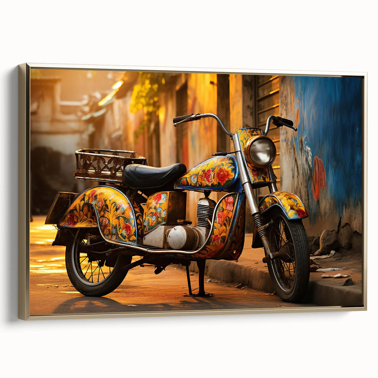 Framed canvas featuring a vintage motorcycle in black, ideal for bedroom wall art.