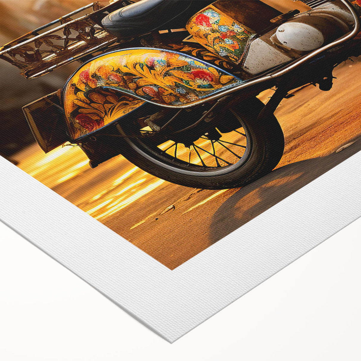 Art deco poster of a vintage motorcycle, rendered in bold black and white tones on rolled canvas.