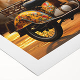 Art deco poster of a vintage motorcycle, rendered in bold black and white tones on rolled canvas.