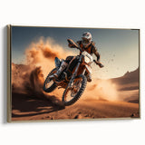 Vintage poster art of a motorcycle in black and gold tones, framed canvas, ideal for bedroom wall decor.