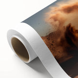 Art deco style motorcycle illustration in black and white on rolled canvas.