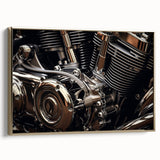 Side view of a vintage motorcycle in gold and black tones on a framed canvas, suitable for bedroom wall decor.