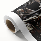 Art deco-style motorcycle illustration in muted colors on rolled canvas, suitable as nursery wall art or in a dining room.