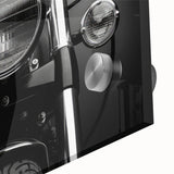 Mid-century modernist acrylic glass print of an abstract motorcycle, using muted gray tones, ideal for dining room art.