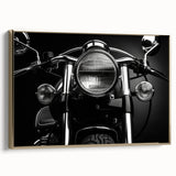 Side view of a vintage motorcycle in gold and black tones on a framed canvas, suitable for bedroom wall decor.