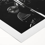 Art Deco poster featuring a sleek motorcycle design in monochrome tones on rolled canvas, suitable for dining room decor.