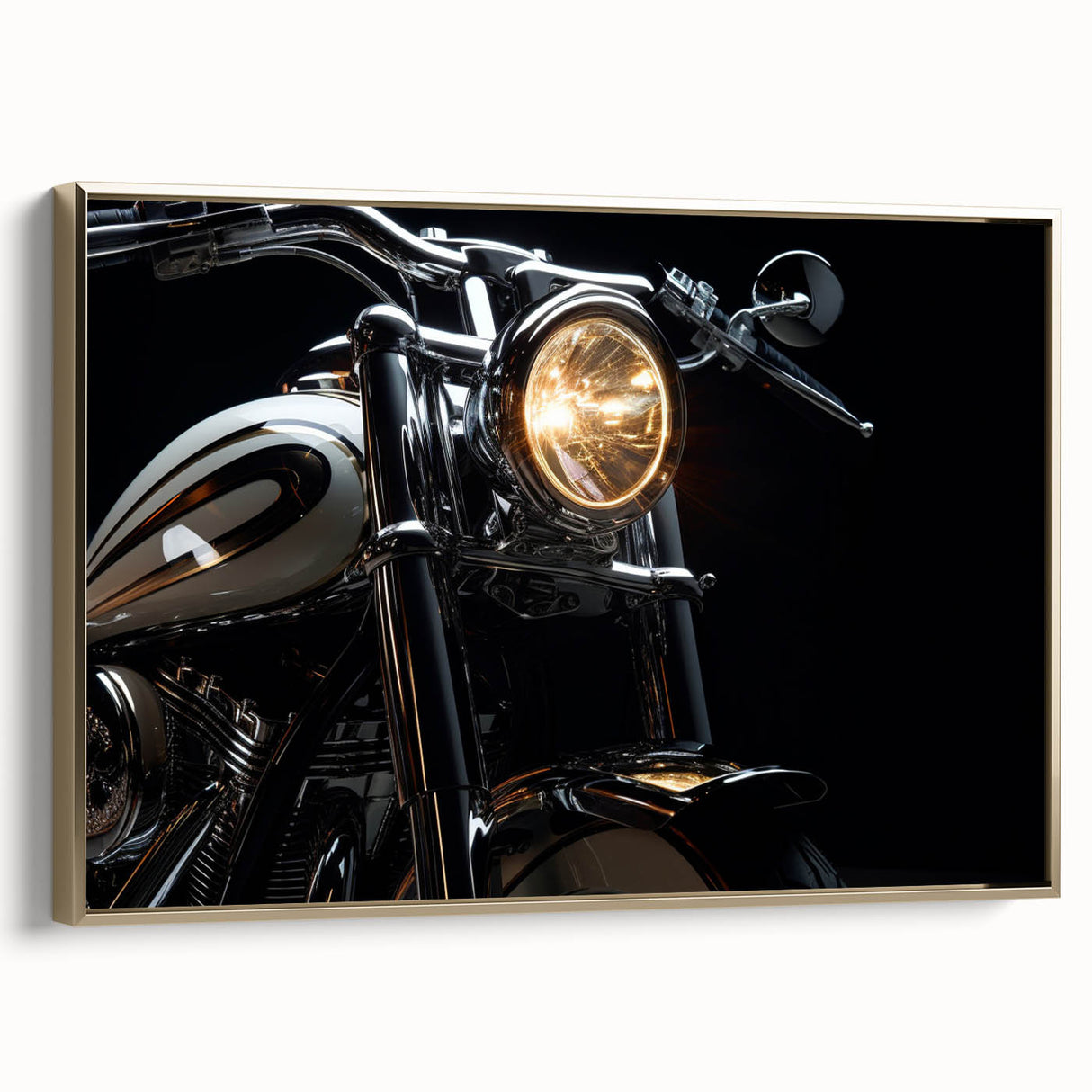 Side view of a vintage motorcycle in black and gold on a framed canvas, suitable for bedroom wall art.