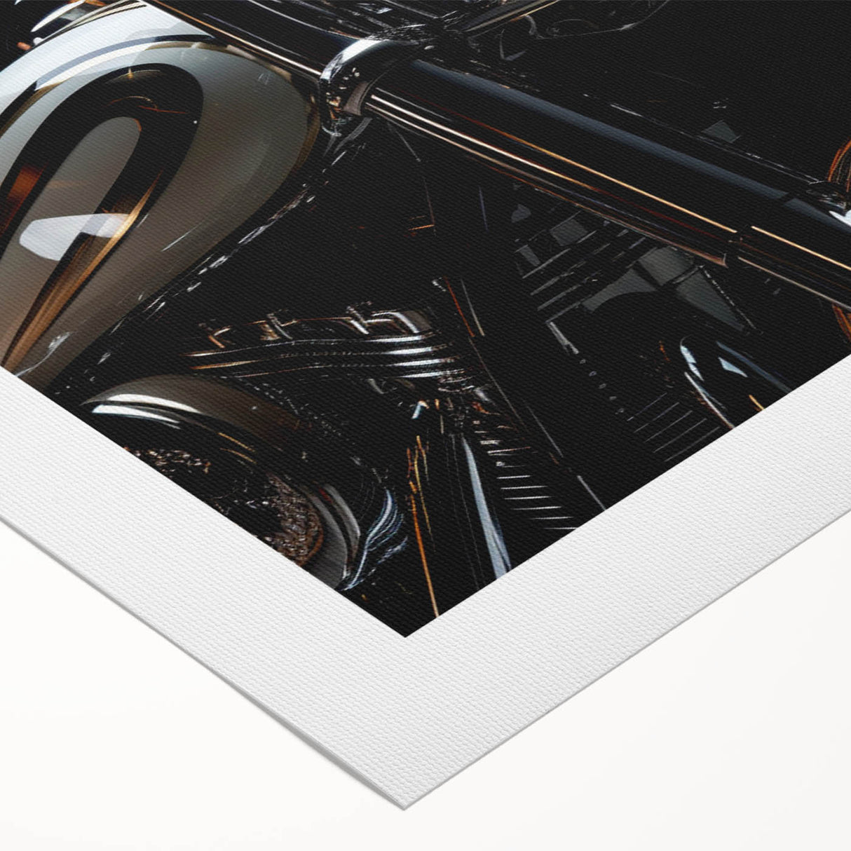 Art deco poster of a classic motorcycle in black and white tones on rolled canvas.