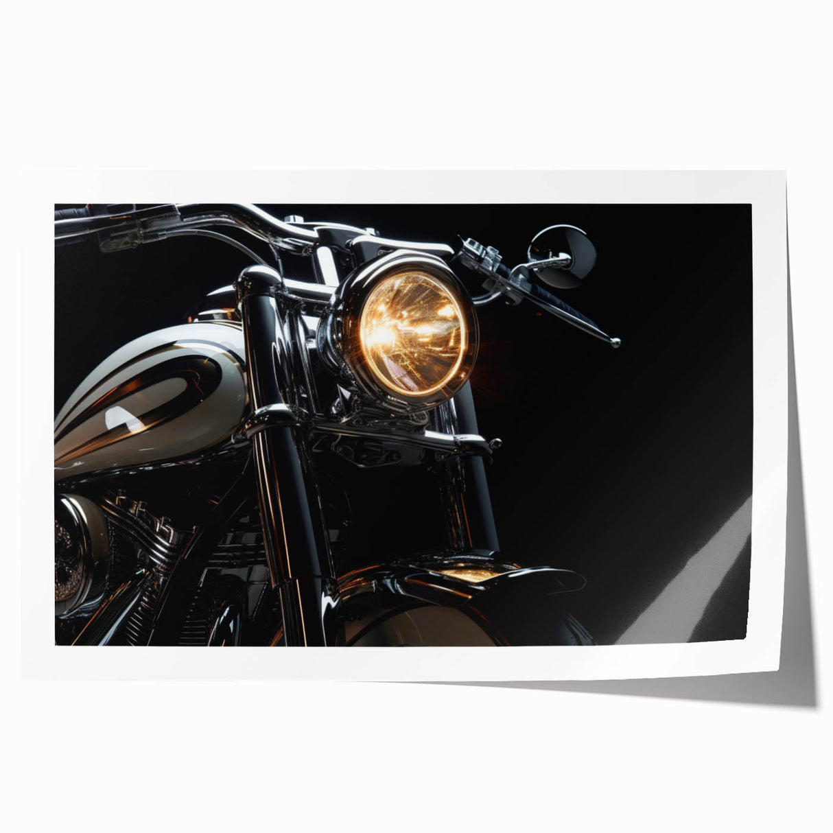 Extra large rolled print of a vintage motorcycle on a muted gray background, ideal for art wall dining room.