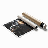 Extra large rolled print of a vintage motorcycle, in muted gray and black tones, ideal for classy bathroom wall art.