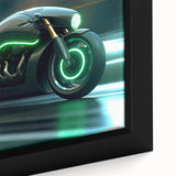 Extra large framed canvas featuring a black motorcycle with colorful, textured details, ideal for living room decor.