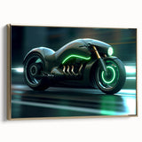 Side view of a vintage motorcycle in black and gold tones on a framed canvas, ideal for bedroom wall decor.
