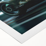 Art deco poster featuring a vintage motorcycle in muted black and white, printed on rolled canvas.