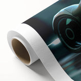 Art deco style motorcycle poster in monochrome shades, printed on rolled canvas.