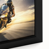 Framed canvas featuring a close-up of a black motorcycle, accented with vibrant, textured color splashes.