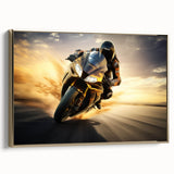 Side view of a vintage motorcycle in black and gold on a framed canvas, ideal for bedroom wall decor.