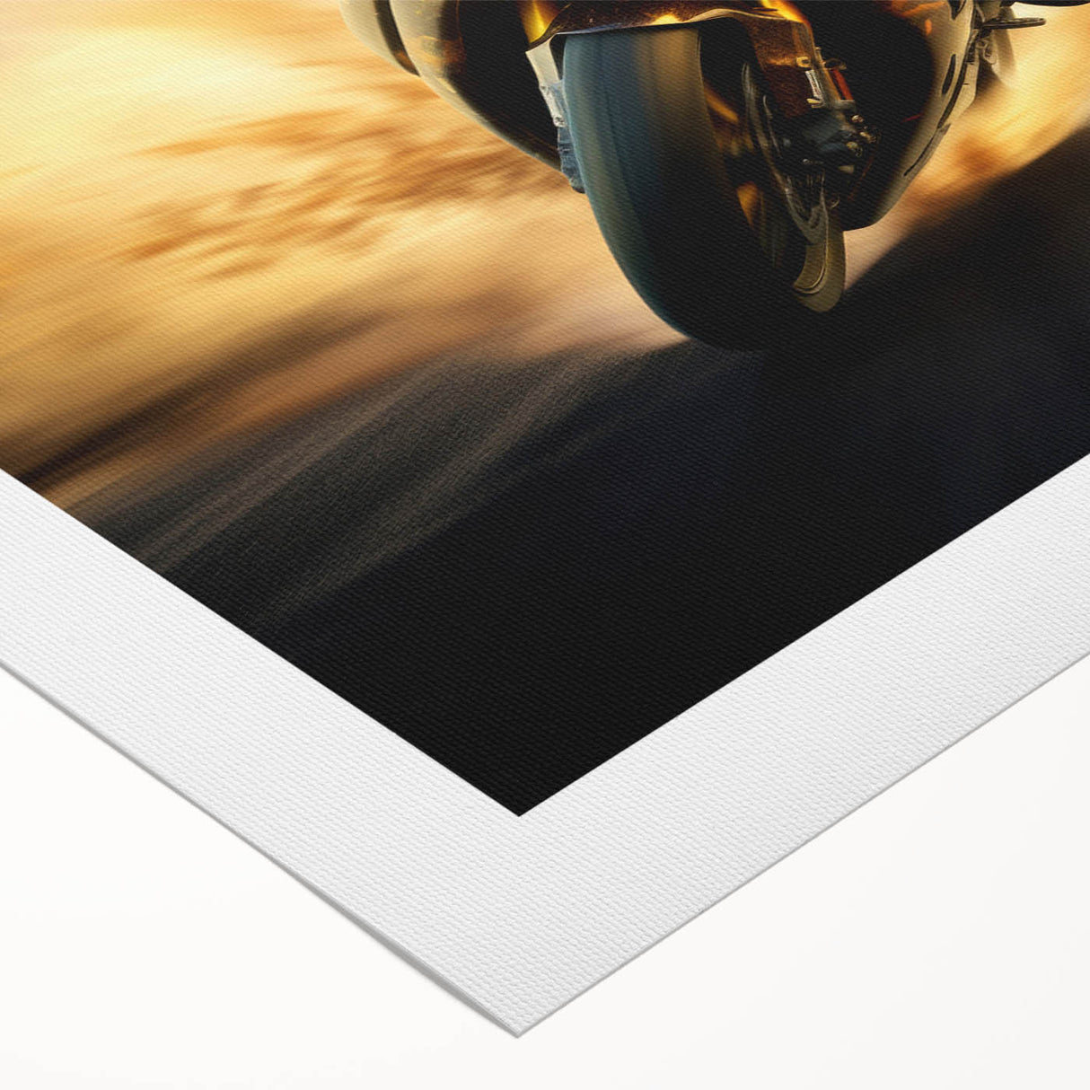 Art deco poster of a vintage motorcycle in monochrome shades on rolled canvas, suitable for dining room decor.