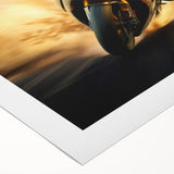 Art deco poster of a vintage motorcycle in monochrome shades on rolled canvas, suitable for dining room decor.