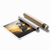 Extra large, rolled canvas print featuring a detailed vintage motorcycle, set against a muted color background.