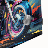 Mid-century modernist art of a motorcycle in muted gray and blue tones on acrylic glass, ideal for dining room art.