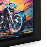 Extra large framed canvas featuring a black motorcycle on a textured, colorful background, ideal for living room decor.