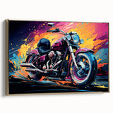 Vintage poster art of a black motorcycle on a gold background, framed canvas, ideal for bedroom wall decor.