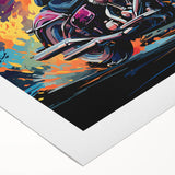 Art deco poster featuring a vintage motorcycle, rendered in muted metallic tones on rolled canvas.