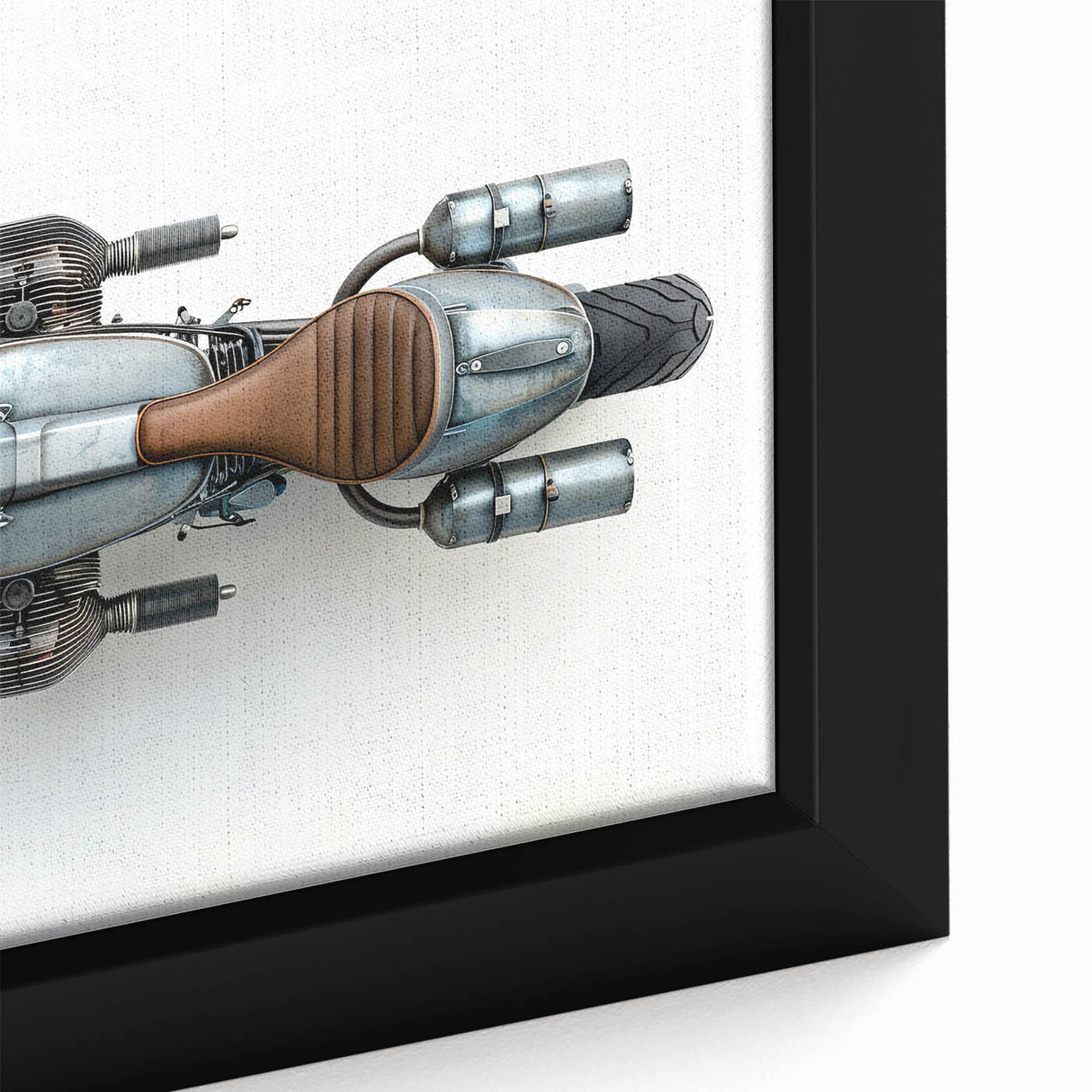 Close-up of a black framed canvas featuring a colorful, textured motorcycle design.