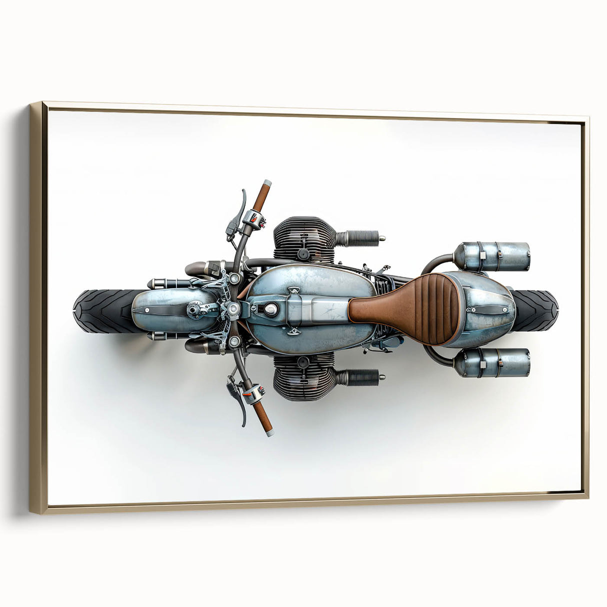Framed canvas of a vintage motorcycle in black, ideal for bedroom wall art.