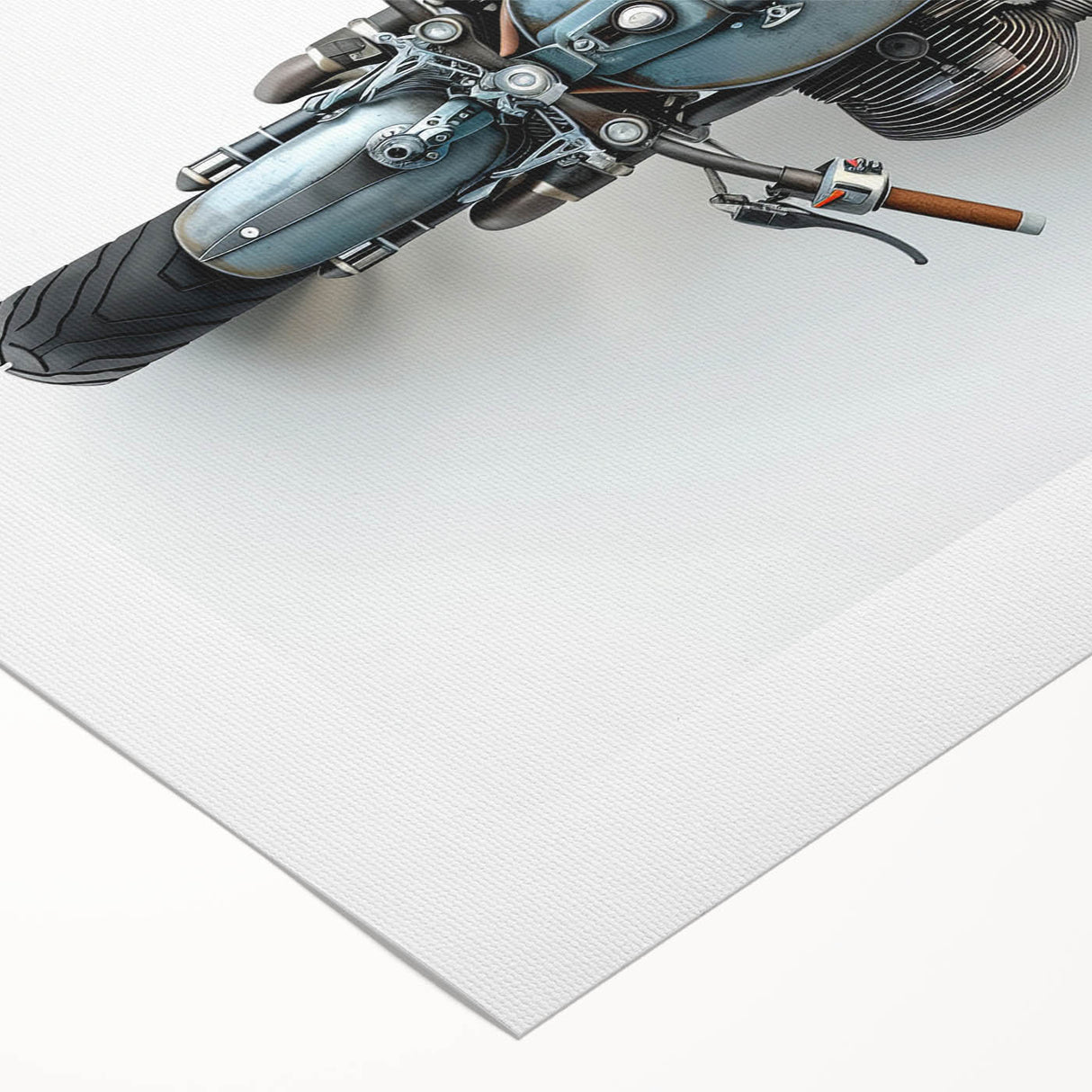 Art deco poster of a vintage motorcycle in muted metallic colors on a rolled canvas.