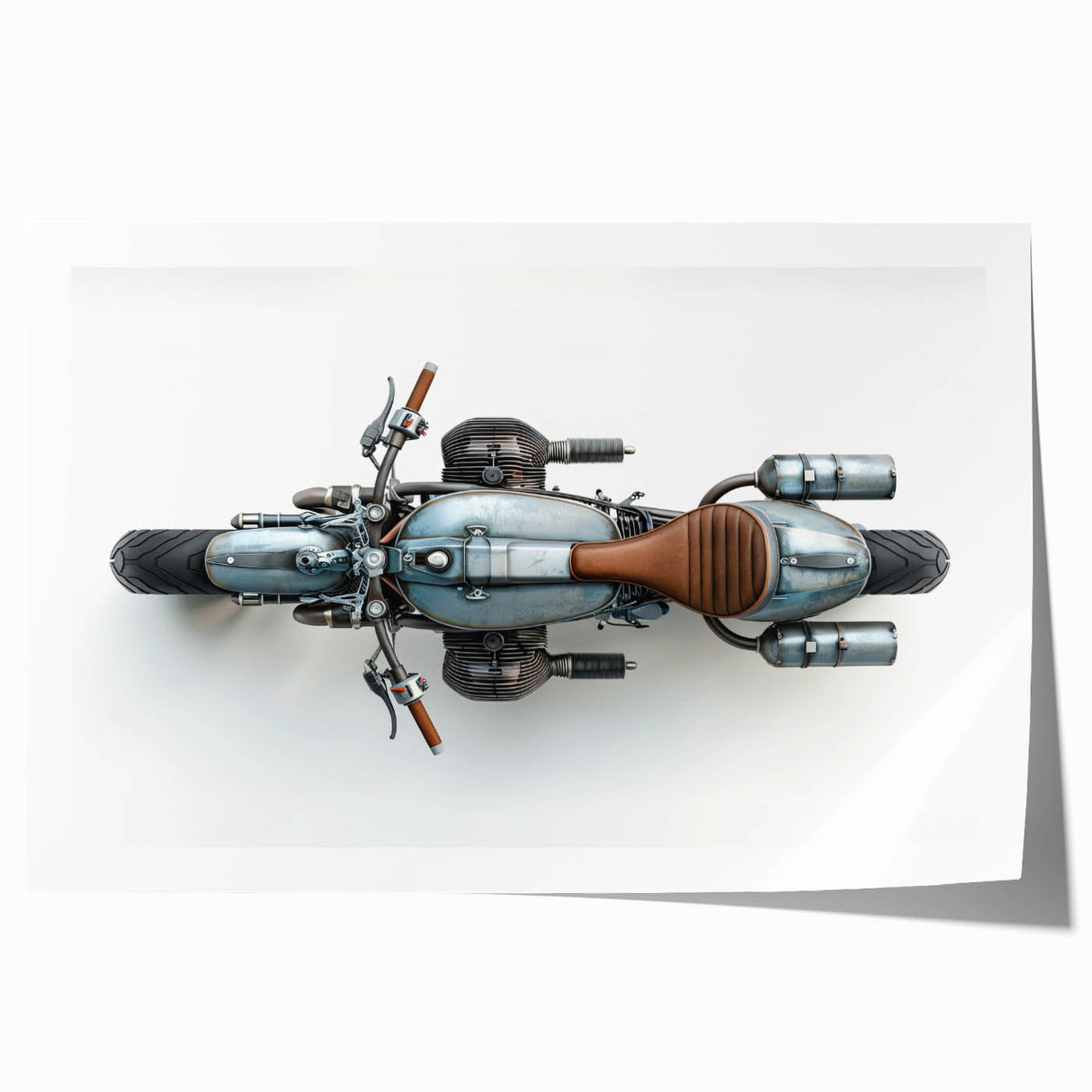 Extra large rolled print featuring a detailed motorcycle illustration on a white background, ideal for art wall dining room.