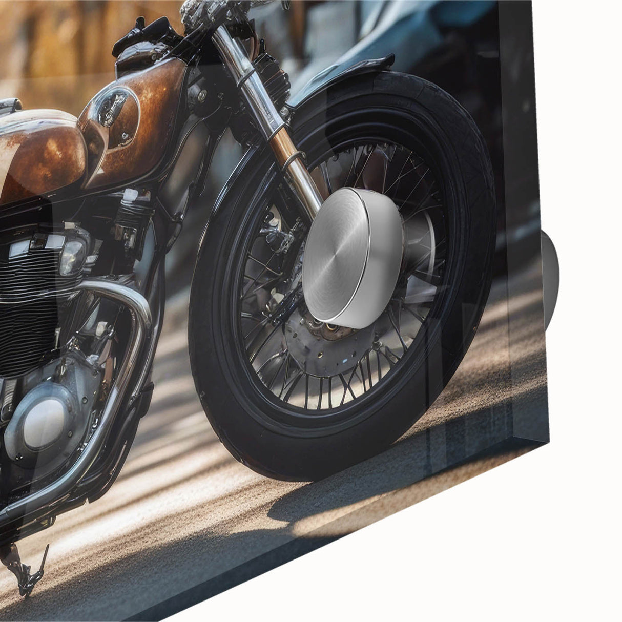 Acrylic print of a large abstract motorcycle design in mid-century modernist style, featuring earthy tones.