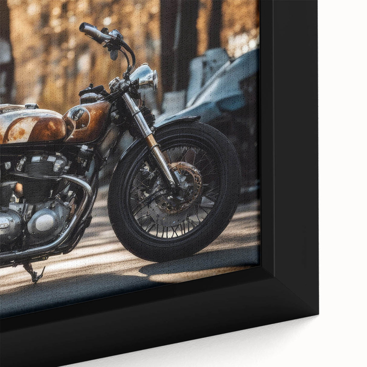 Close-up of a black wall art featuring a colorful, textured motorcycle design on a framed canvas.