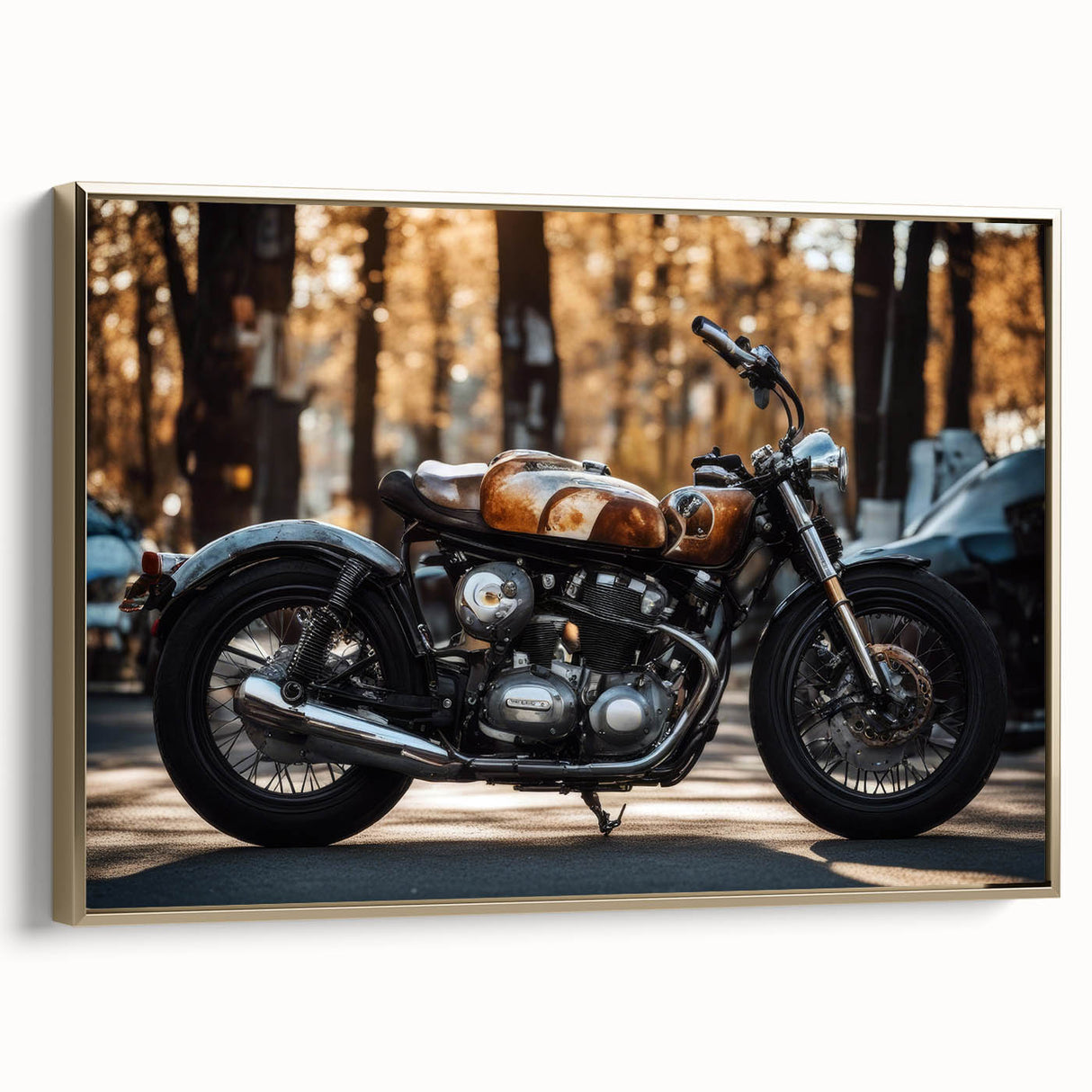Side view of a vintage motorcycle in black and gold on a framed canvas, suitable for bedroom wall art.