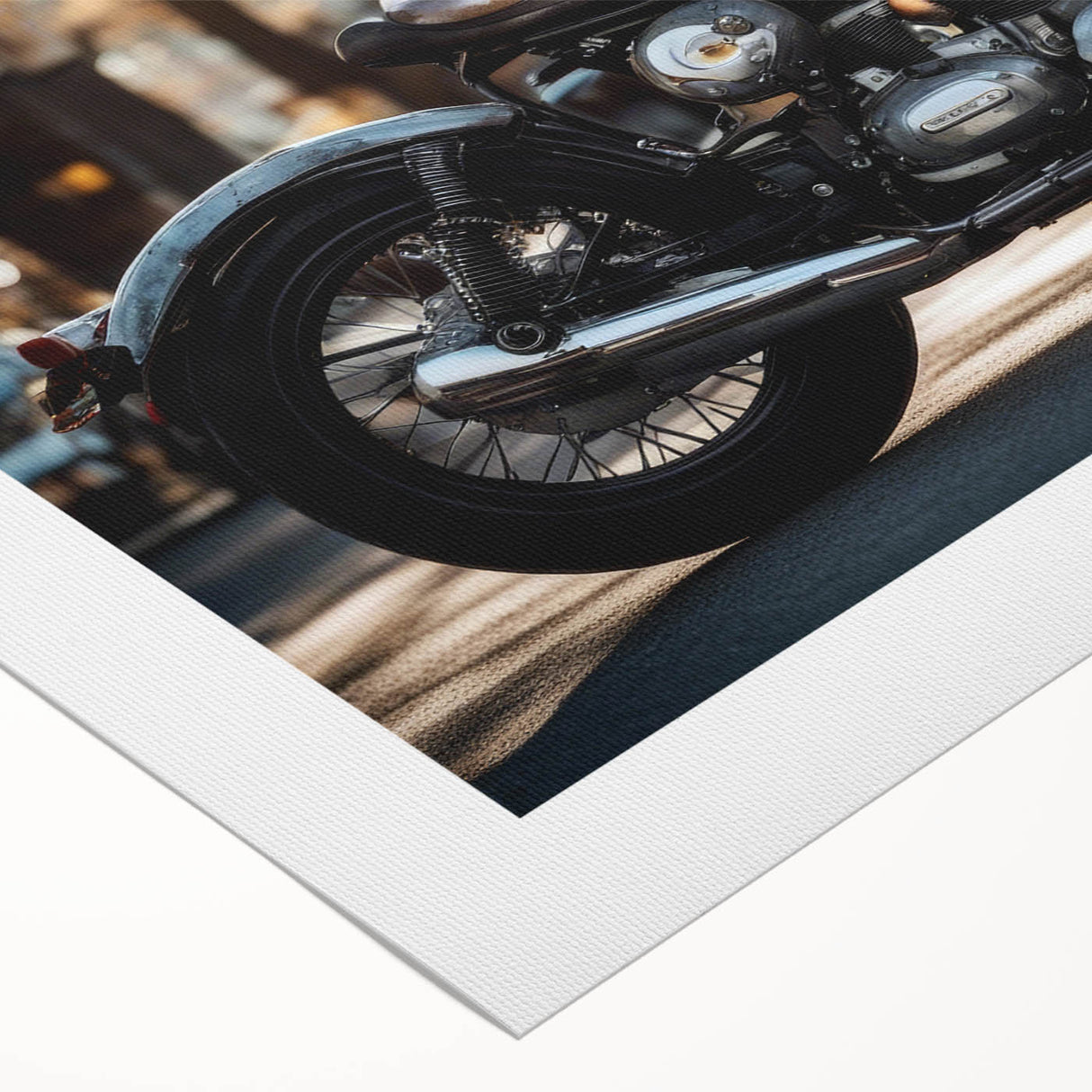 Art deco poster of a vintage motorcycle in monochrome shades, printed on rolled canvas, suitable for dining room decor.