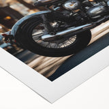 Art deco poster of a vintage motorcycle in monochrome shades, printed on rolled canvas, suitable for dining room decor.