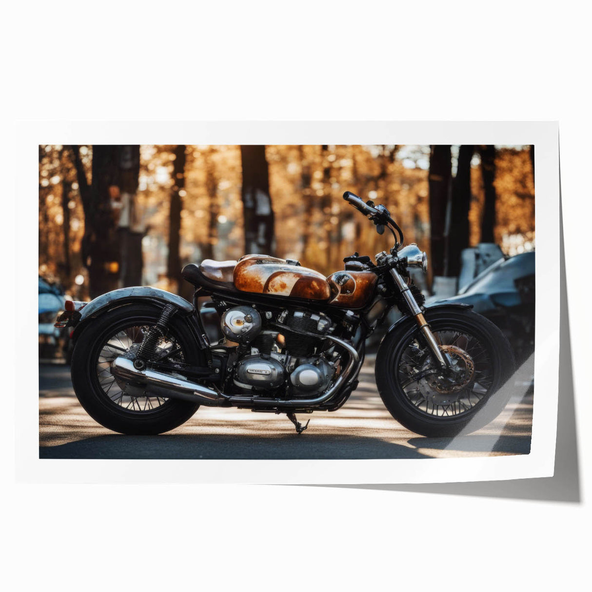 Extra large rolled print featuring a detailed motorcycle design on a muted gray background.