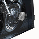 Large abstract wall art featuring a mid-century modernist motorcycle design in muted colors on acrylic glass.