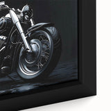 Extra large framed canvas featuring a close-up of a black motorcycle, with vibrant, textured color accents.