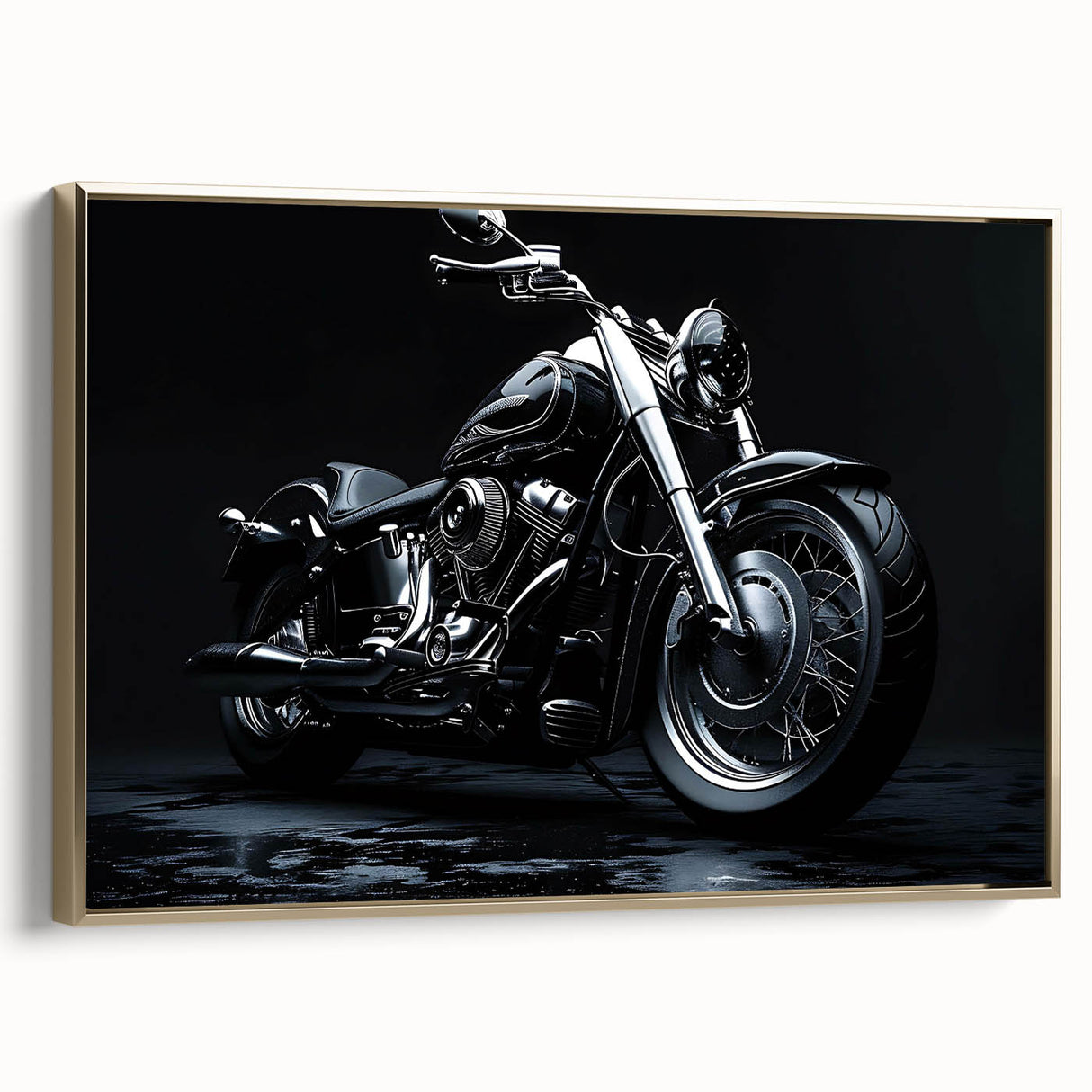 Side view of a vintage motorcycle in black and gold on a framed canvas, suited for bedroom wall art.