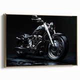 Side view of a vintage motorcycle in black and gold on a framed canvas, suited for bedroom wall art.