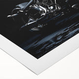 Art deco poster of a classic motorcycle in monochrome, printed on rolled canvas, suitable for dining room or bathroom walls.