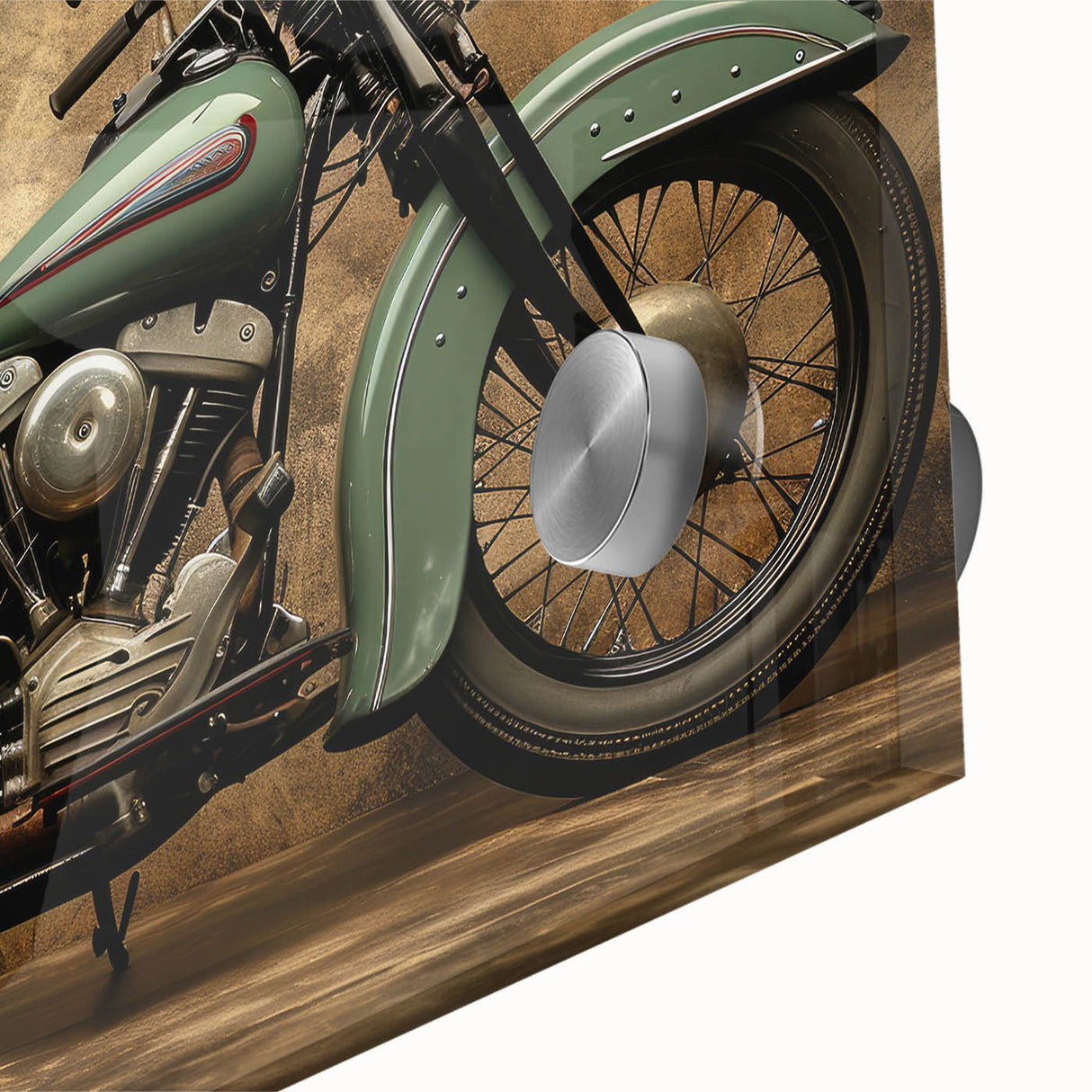 Large abstract motorcycle print in muted metallic tones on acrylic glass.